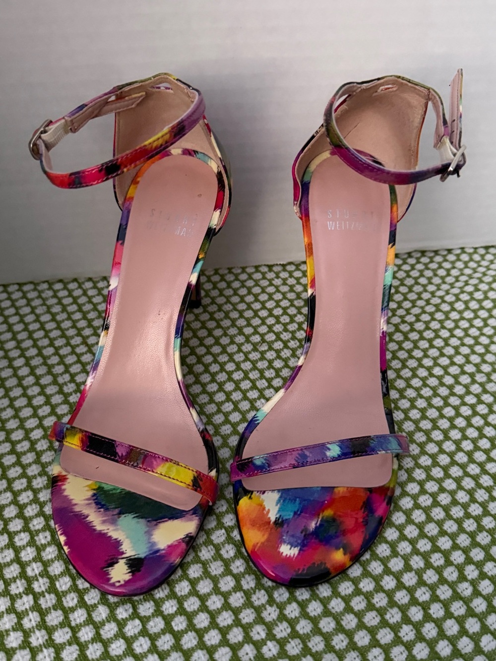 StuartWeitzman  Multicolor Abstract Print Ankle-Strap Heels - Women